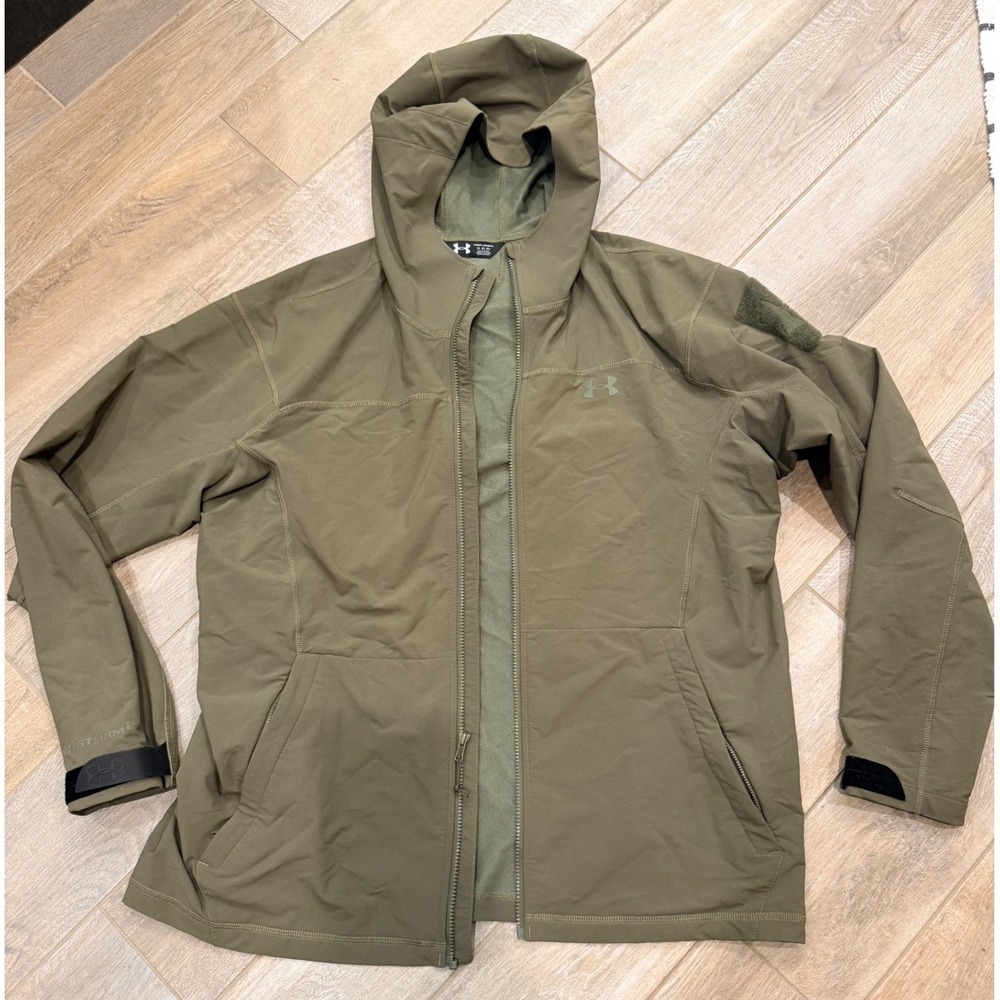 Under Armour Tactical Storm 2 Jacket Mens 2XL Olive Green Hooded Softshell Patch